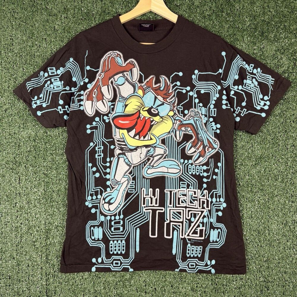 Vintage Looney Tunes Giant Tag 90s Taz Tech Neon AOP Mens Size L Single Stitch